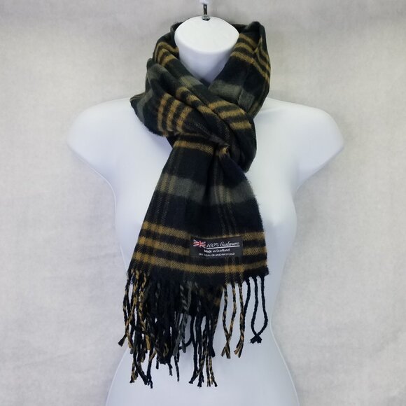 100% Cashmere Scotland Winter Scarf Black Brown Grey Plaid Fringe Soft Fuzzy - Picture 1 of 7